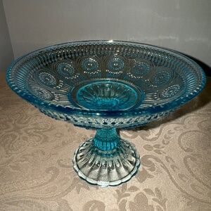 Vintage Mid Century Modern Blue Cut Glass Design Footed Compote / Candy Dish